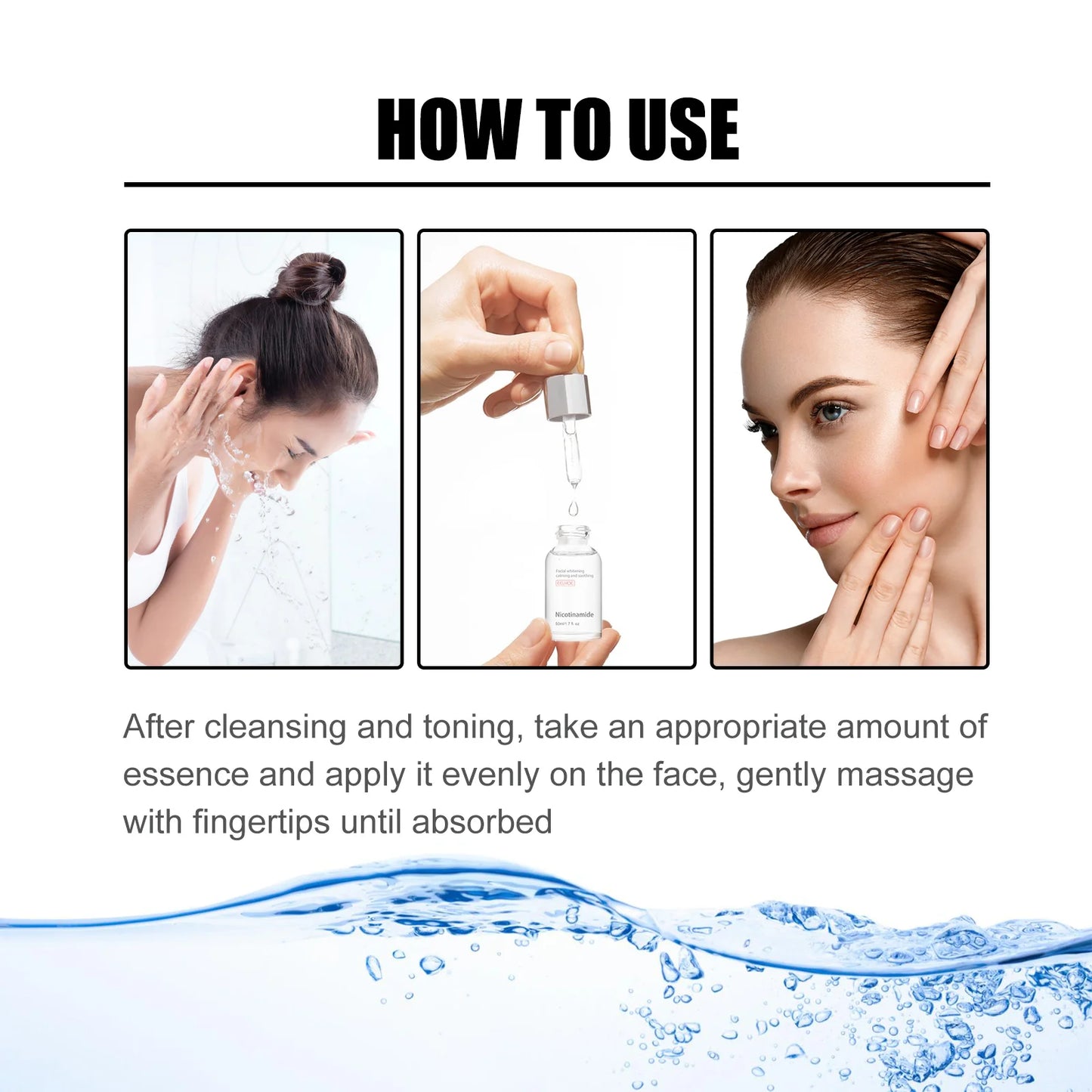 Niacinamide Facial Serum: fades acne marks, hydrates and moisturizes, minimizes pores, brightens skin, skin-beautifying essence.