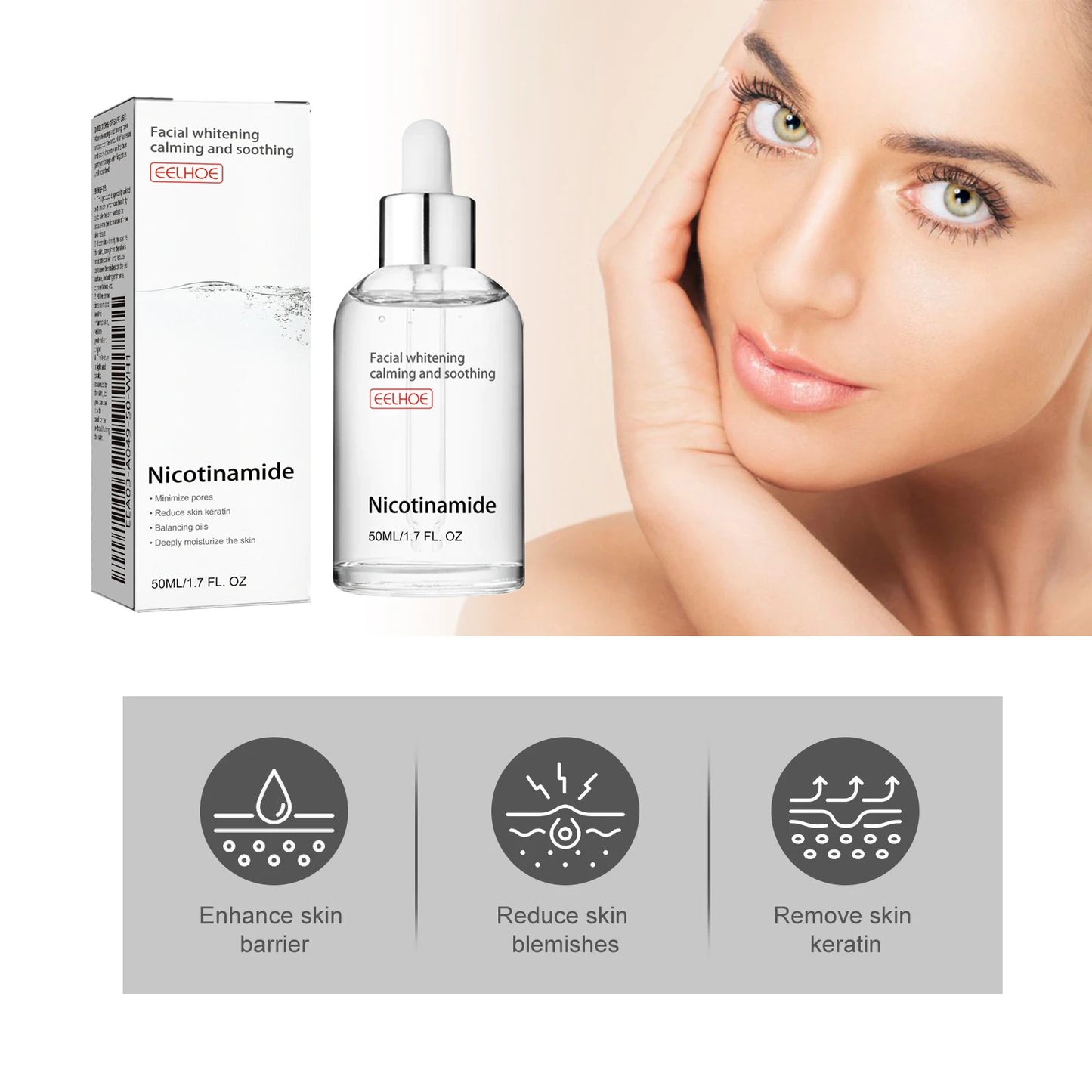 Niacinamide Facial Serum: fades acne marks, hydrates and moisturizes, minimizes pores, brightens skin, skin-beautifying essence.