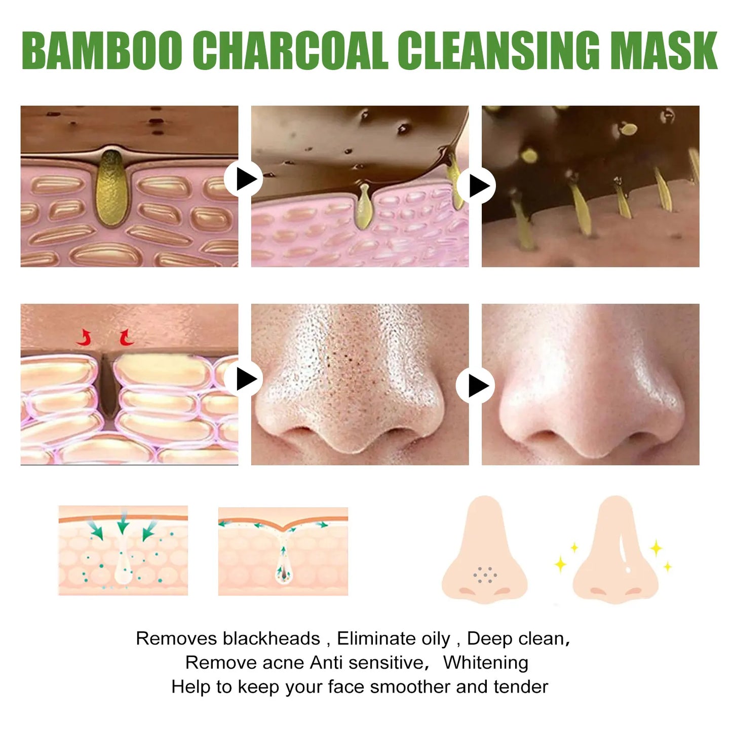 Bamboo Charcoal Facial Blackhead Remover Mask Deep Cleansing Shrink Pore Nose Black Dots Peel off Remove Stickers Skin Care