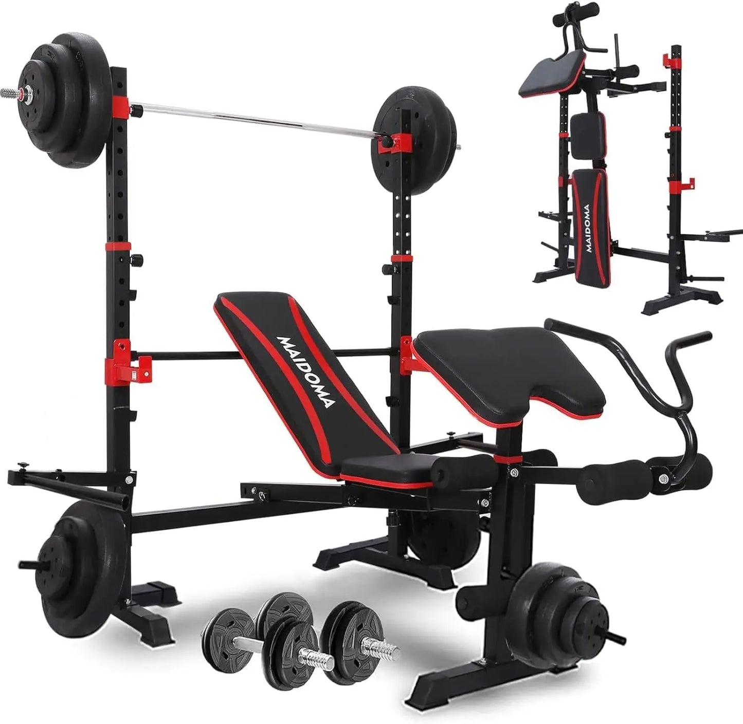 Foldable Weight Bench with Leg Extension, Preacher Curl & Squat Rack