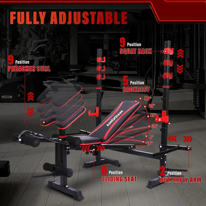 Foldable Weight Bench with Leg Extension, Preacher Curl & Squat Rack