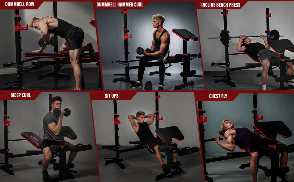 Foldable Weight Bench with Leg Extension, Preacher Curl & Squat Rack