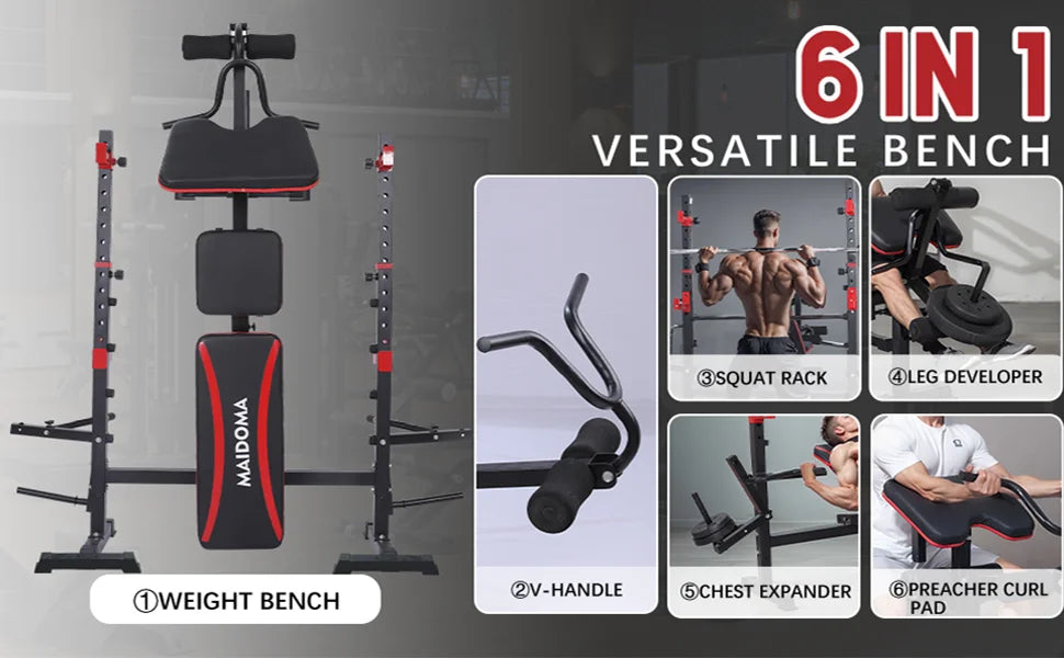 Foldable Weight Bench with Leg Extension, Preacher Curl & Squat Rack