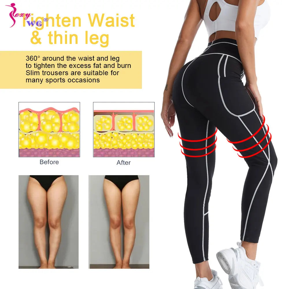 SEXYWG Women Sauna Pants Waist Trainer Tummy Control Slimming Sweat Leggings Mid Waist Weight Loss Trousers Workout Running