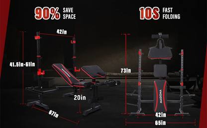 Foldable Weight Bench with Leg Extension, Preacher Curl & Squat Rack