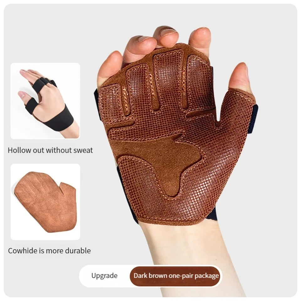 Cowhide Ventilated Weight Lifting Gloves Ventilate Gym Workout Gloves Fitness Weightlifting Pull Ups Palm Protection Support