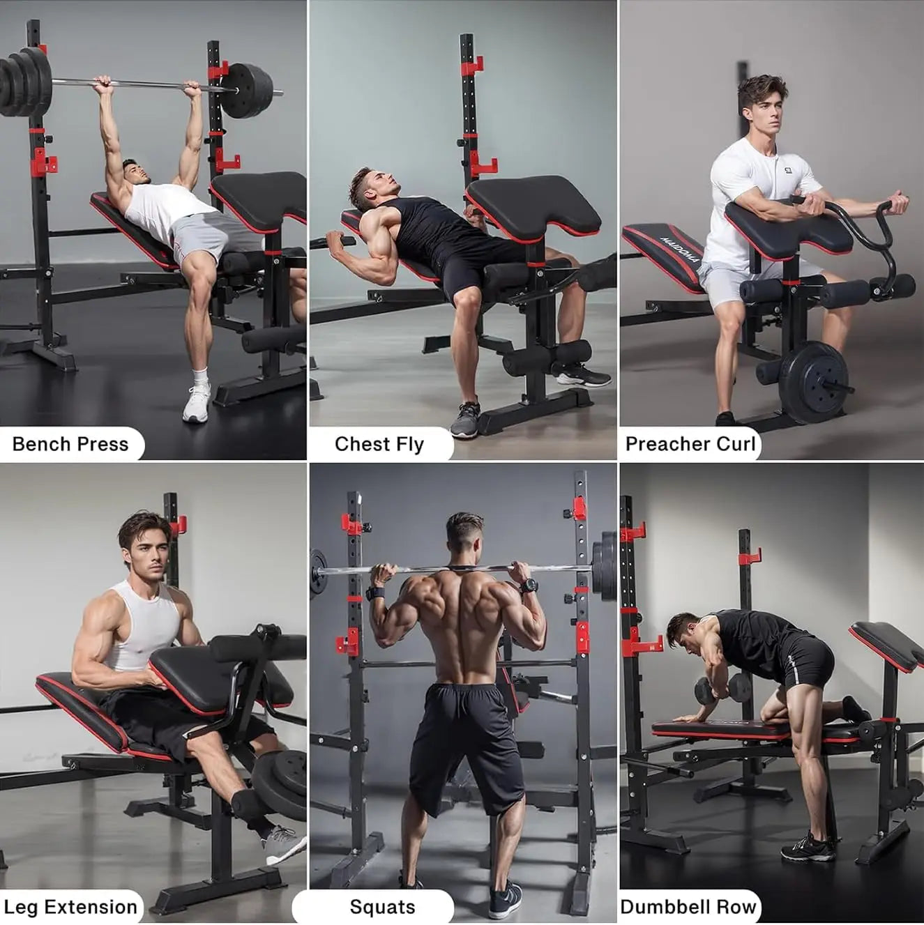 Foldable Weight Bench with Leg Extension, Preacher Curl & Squat Rack