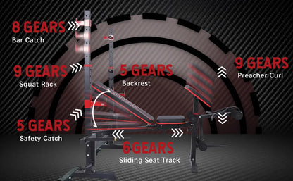 Foldable Weight Bench with Leg Extension, Preacher Curl & Squat Rack