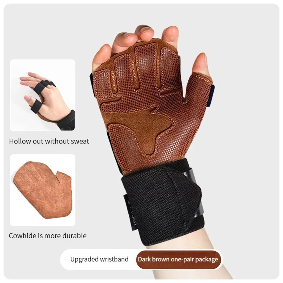 Cowhide Ventilated Weight Lifting Gloves Ventilate Gym Workout Gloves Fitness Weightlifting Pull Ups Palm Protection Support